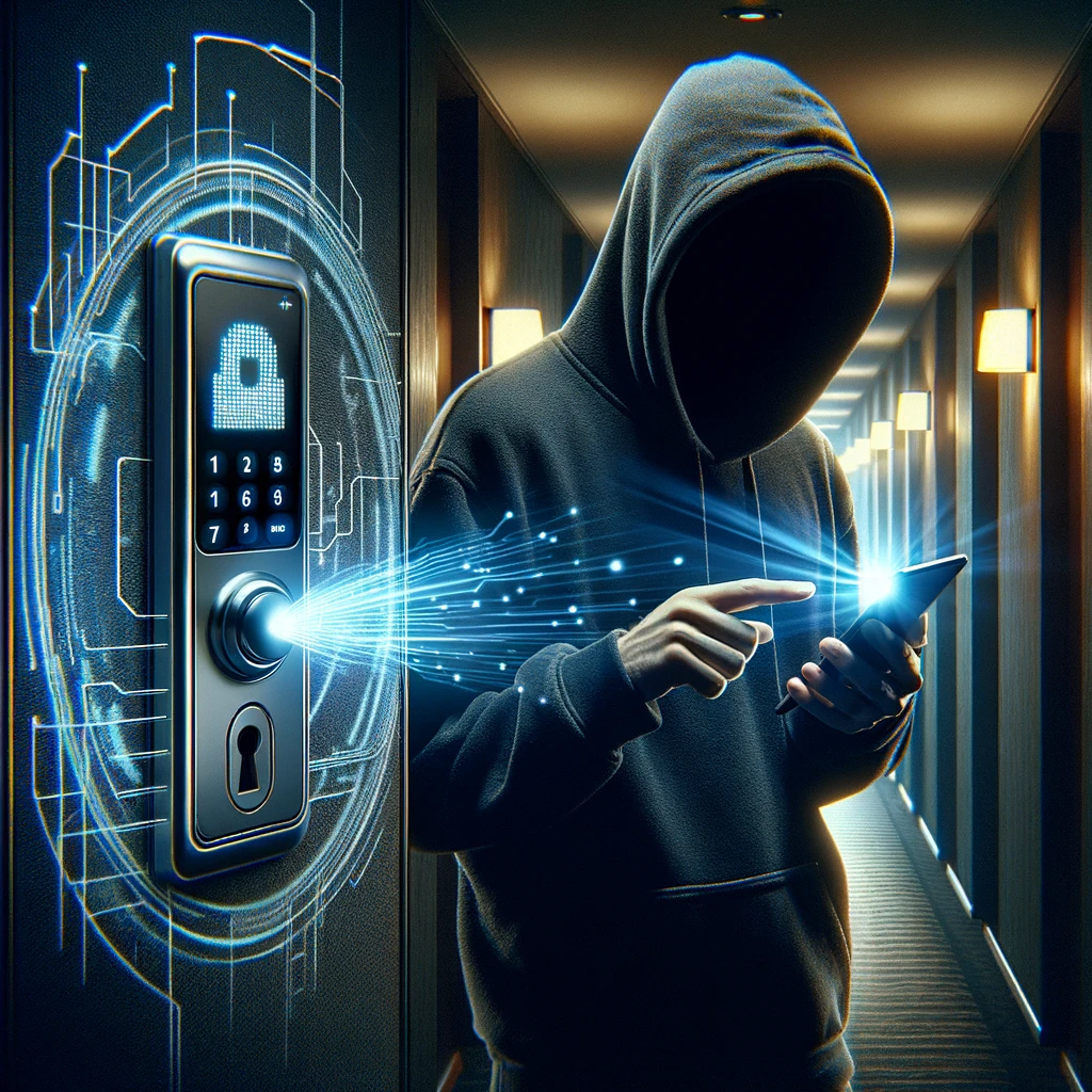 A high-tech digital illustration showing a shadowy figure in a hoodie, standing in a hotel corridor, holding a smartphone that emits a glowing light.