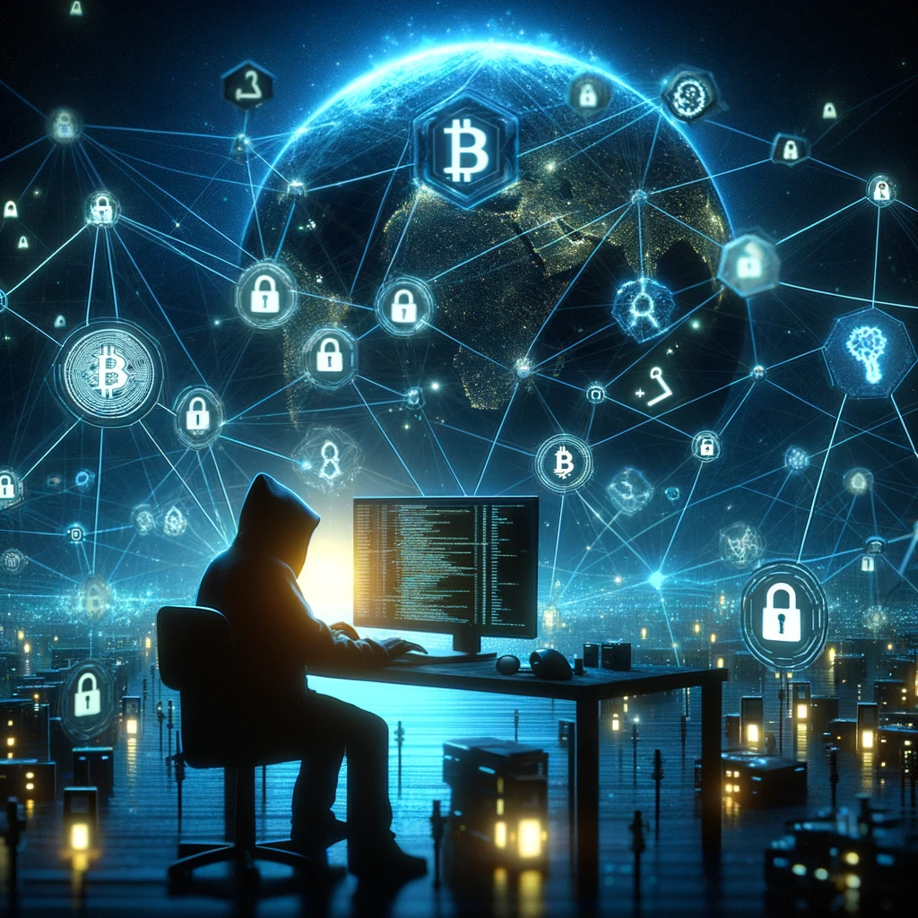 A digital landscape at night, illuminated by the glow of screens displaying cryptocurrency symbols and phishing websites. In the foreground, a figure.