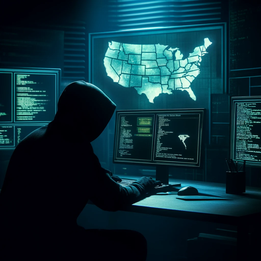 A dark and mysterious cybercrime scene depicting a hacker in a shadowy room filled with computer screens displaying code and maps.