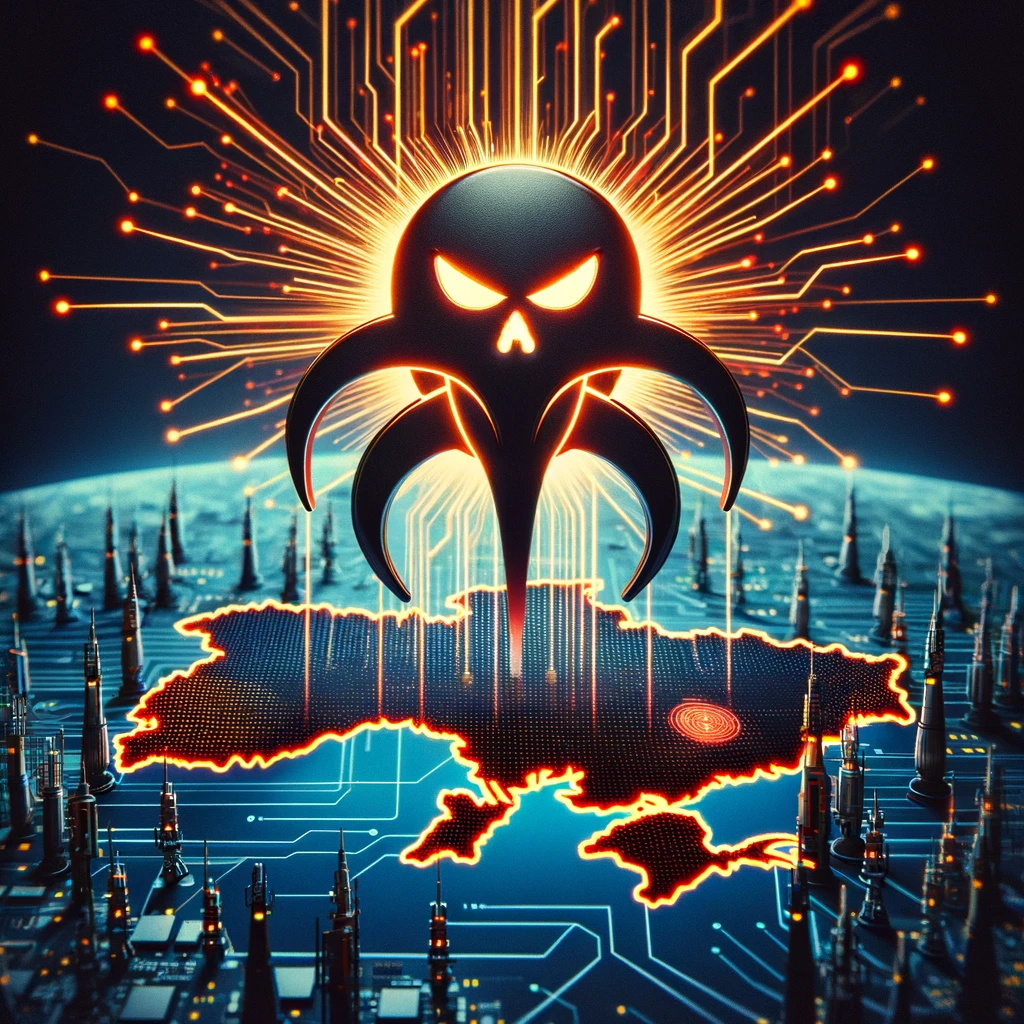 A digital illustration that vividly represents the concept of cyber warfare and data destruction. The image should depict a sleek, menacing virus symbol.