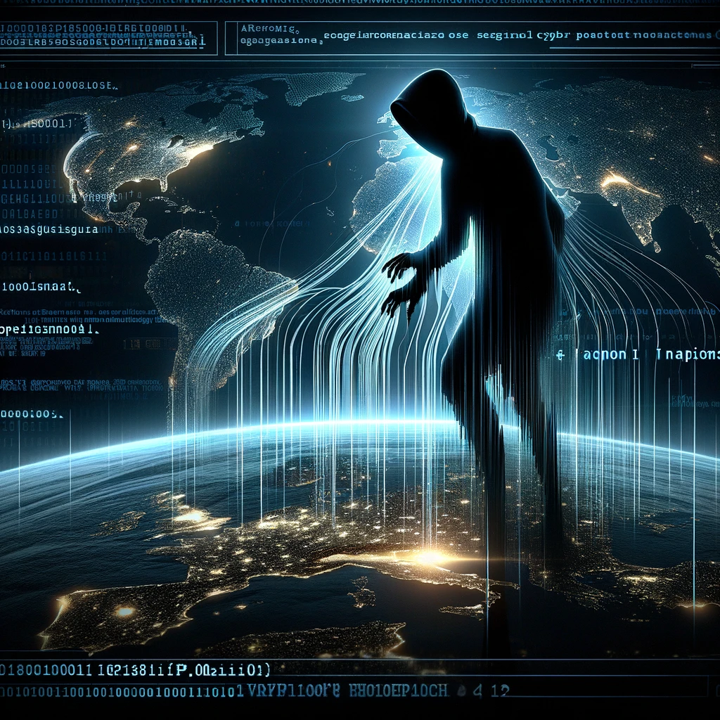 A digital landscape representing a cyber espionage scene. In the forefront, a sleek, shadowy figure.