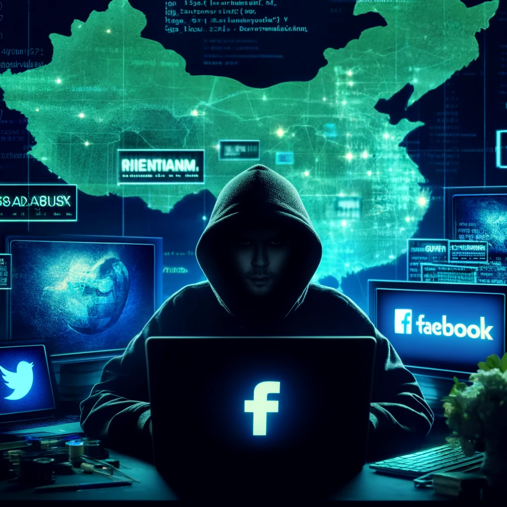 A digital cybercrime concept art showing a hacker in a dark room with multiple computer screens displaying code and social media logos, such as Facebook.