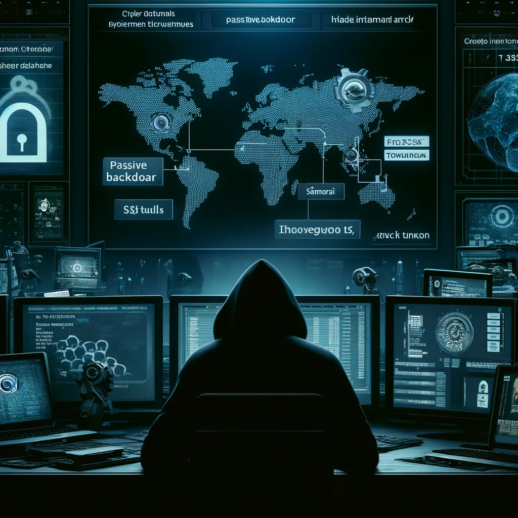 A digital illustration depicting a sophisticated cyber attack on government networks. The image features a dark, ominous control room with multiple screens.